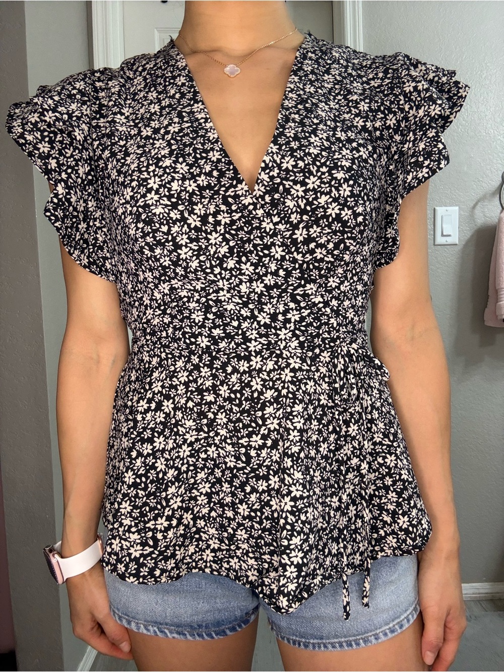 Black Floral Wrap Peplum Top - Women